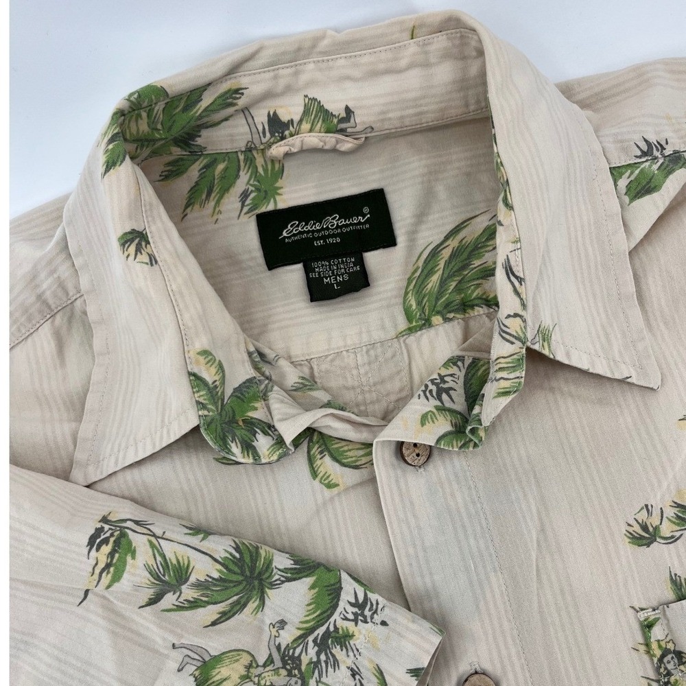 Eddie Bauer Button Down Shirt Mens L Beige Tropical Hula Girl Palm Tree Cotton
